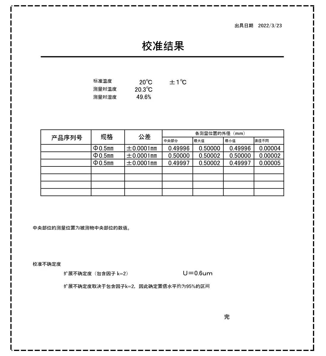 φ0.5±0.1µm的校准结果